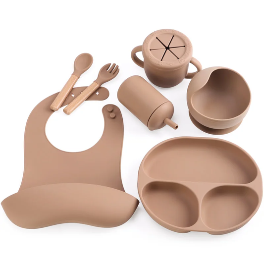 Silicone baby feeding set - neutral colours, non-slip bowls and wooden handle cutlery