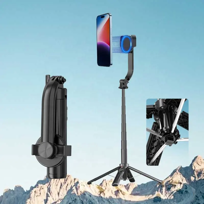 Magnetic, adjustable tripod stand for phones - with ring light and camera shutter button