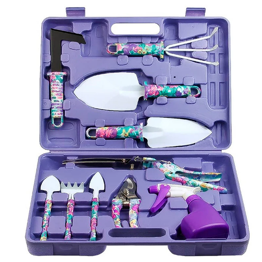 10PCS purple floral gardening tool kit with storage carry box