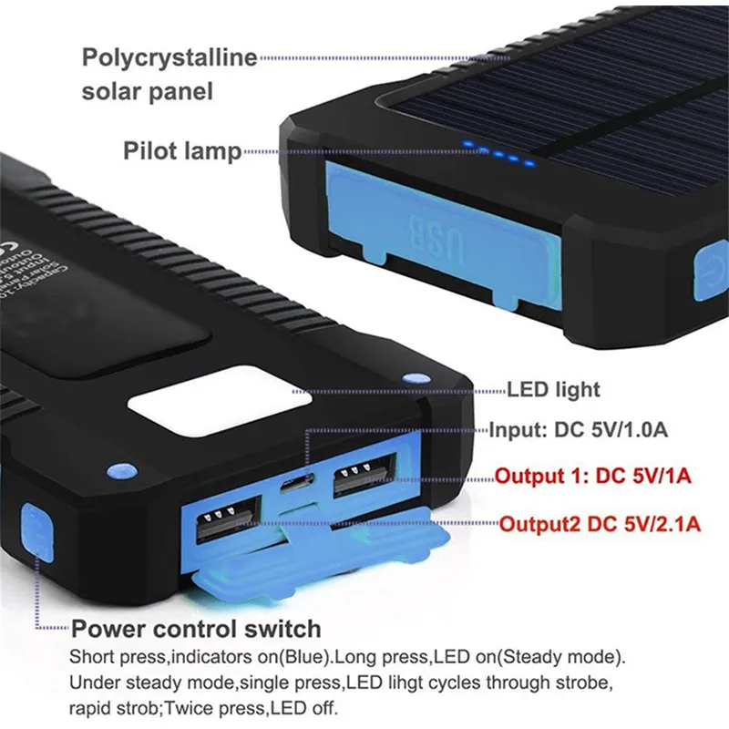 Solar panel power bank, dual USB ports with integrated LED torch