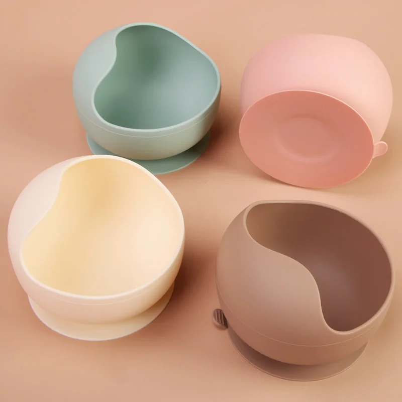 Silicone baby feeding set - neutral colours, non-slip bowls and wooden handle cutlery