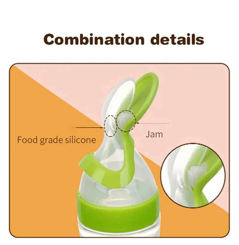 Food grade silicone feeding bottle with spoon attachment for purée