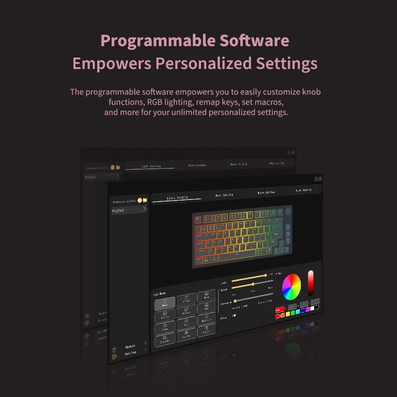 Wireless keyboard with custom programme software for altering key binds and RGB lights