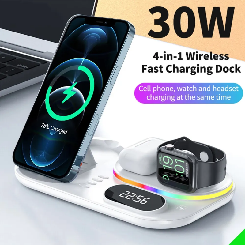 30w wireless fast charger, 4 in 1 charger with digital clock and RGB lights