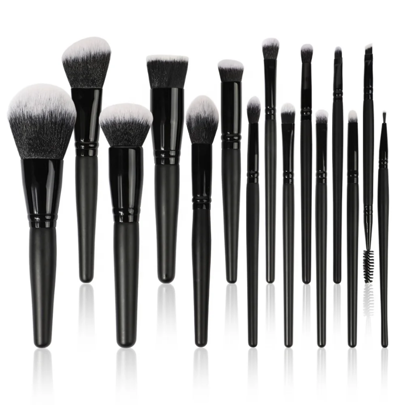 Black makeup brush set with included storage bag