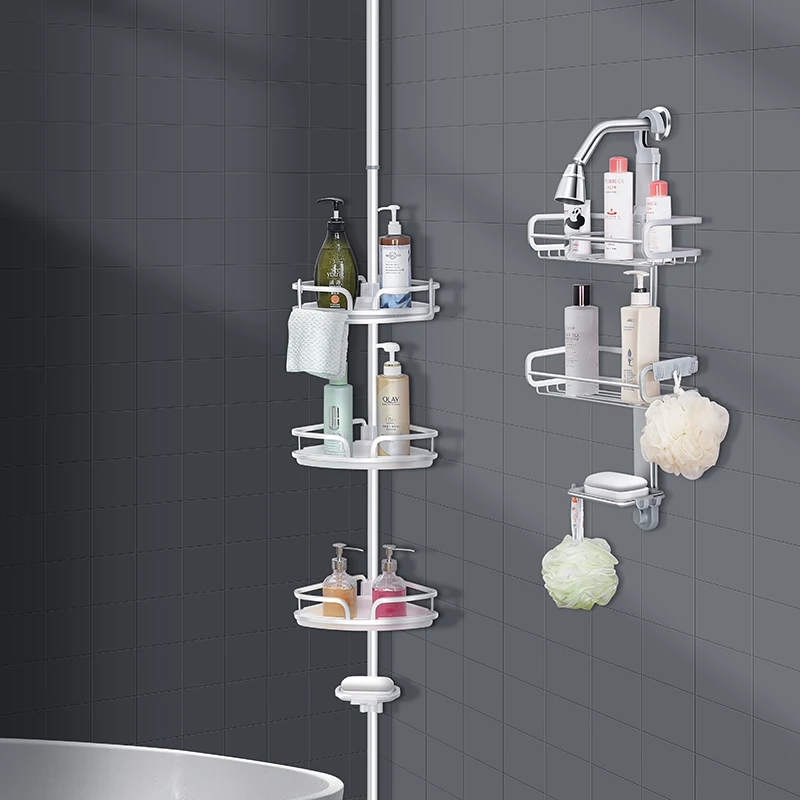 Rustproof white shower caddy with adjustable baskets and soap tray