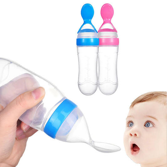 Food grade silicone feeding bottle with spoon attachment for purée