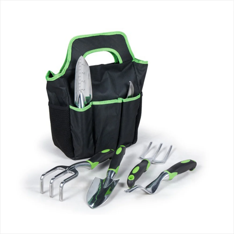 Green basic gardening tools with gloves and storage case