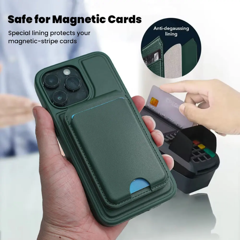 Detachable, magnetic leather card holder and phone stand