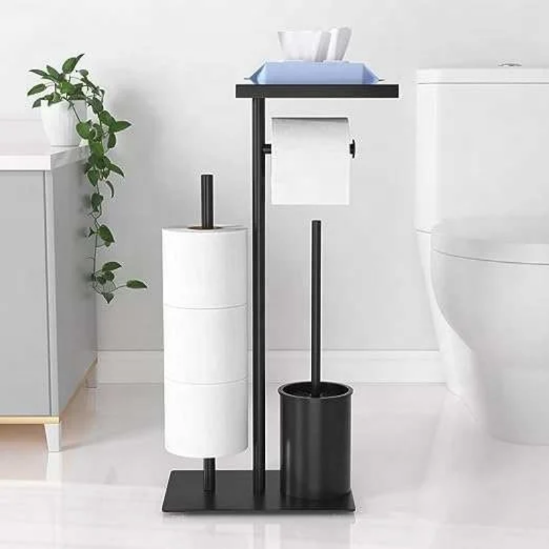 Freestanding stainless steel toilet brush and paper holder set