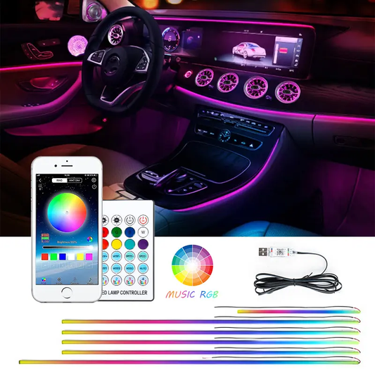 LED strip lights for car interior, with Bluetooth app and wireless remote