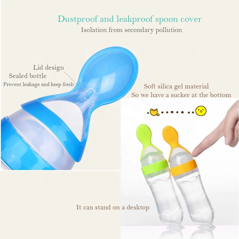 Food grade silicone feeding bottle with spoon attachment for purée