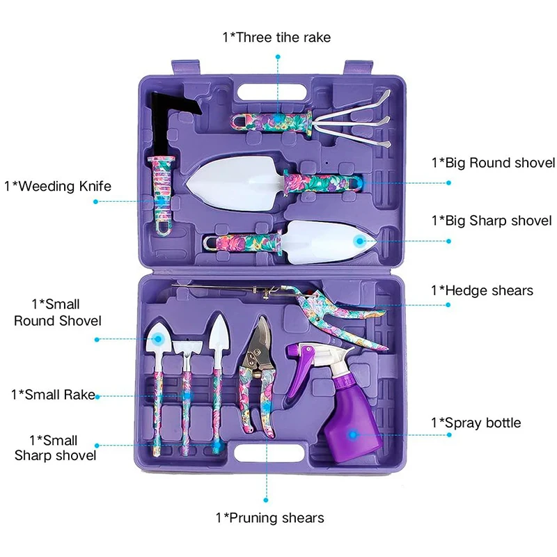 10PCS purple floral gardening tool kit with storage carry box