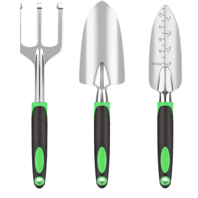 Green basic gardening tools with gloves and storage case