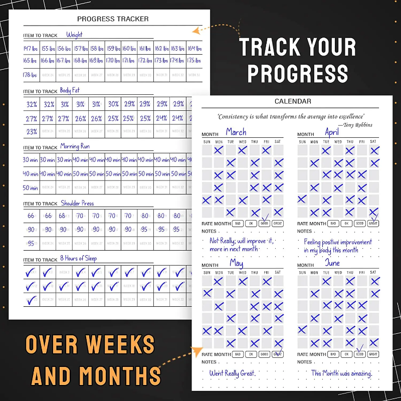 A5 fitness journal, hardcover with gym tracking templates