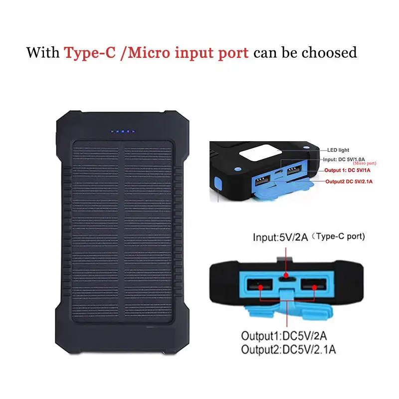 Solar panel power bank, dual USB ports with integrated LED torch