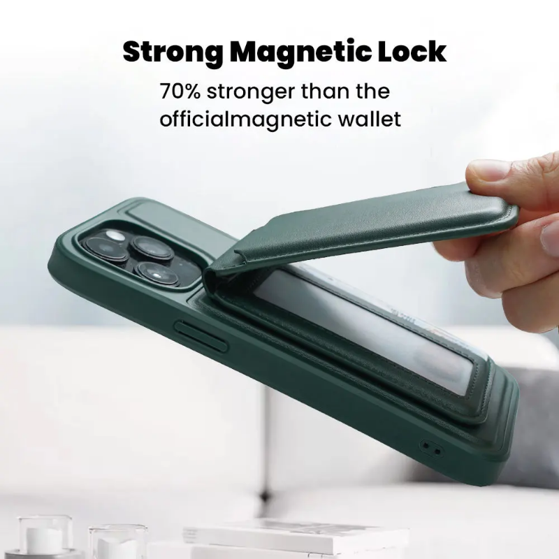 Detachable, magnetic leather card holder and phone stand