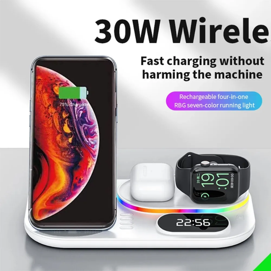 30w wireless fast charger, 4 in 1 charger with digital clock and RGB lights