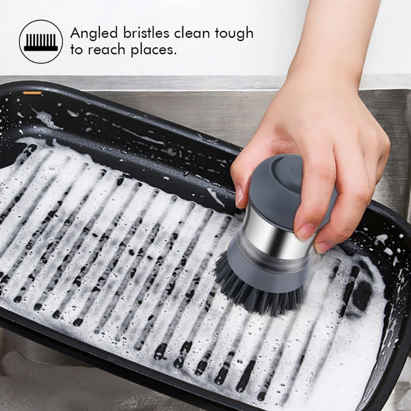 Soap dispensing dish brush with sturdy bristles for effective cleaning