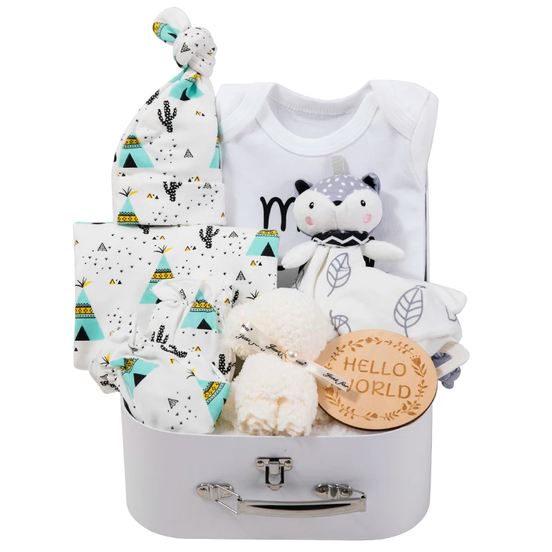 Newborn clothes gift set with travel box case and matching teddy blanket - pure cotton set