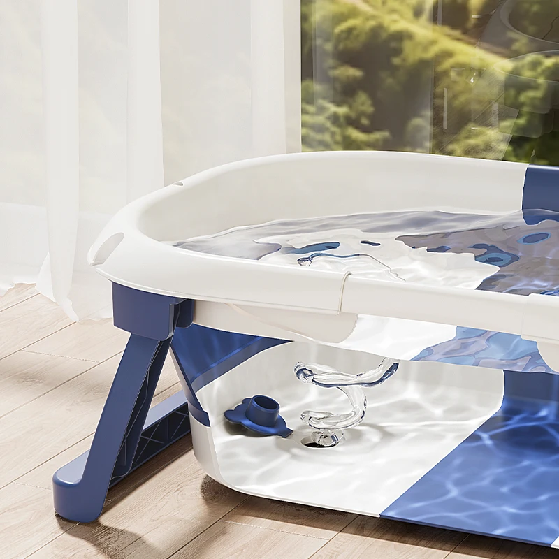 Foldable baby bath tub with support cushion and thermometer