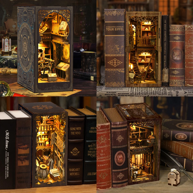 DIY wooden magical book nook kit with LED bulb light