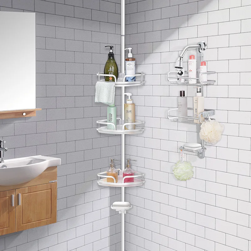 Rustproof white shower caddy with adjustable baskets and soap tray