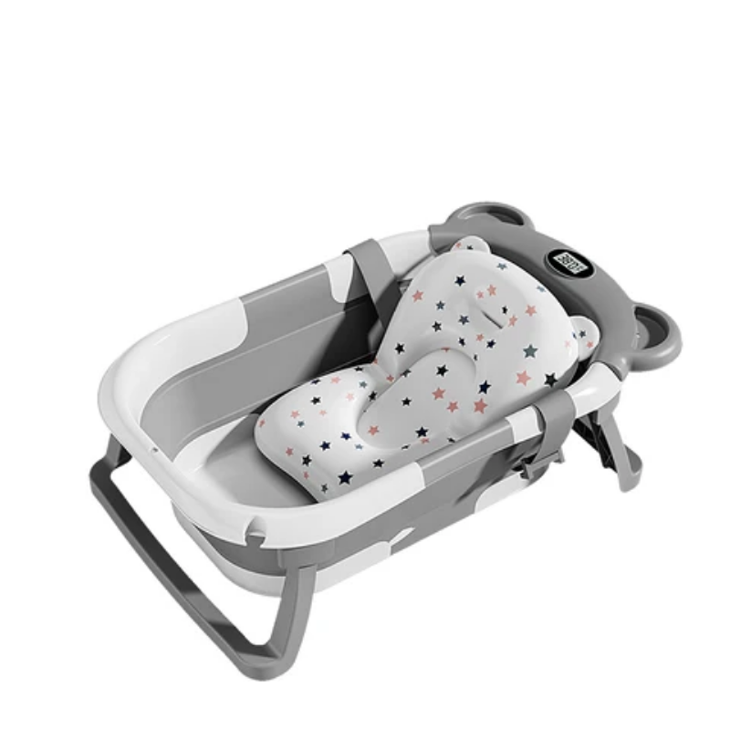 Foldable baby bath tub with support cushion and thermometer