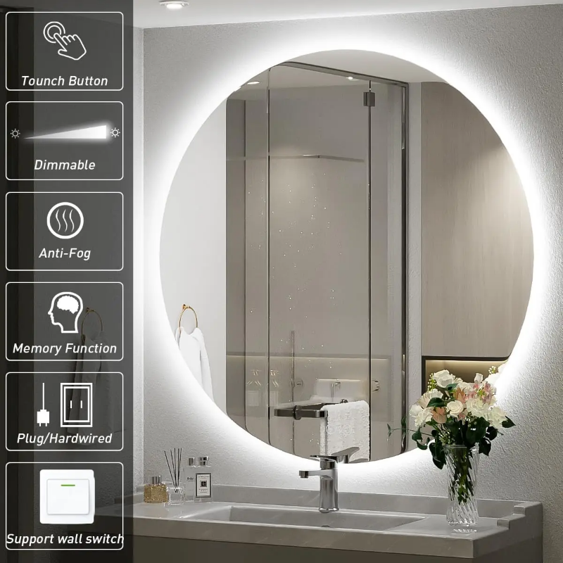 Frameless LED light bathroom mirror with touch controls - 60cm circumference