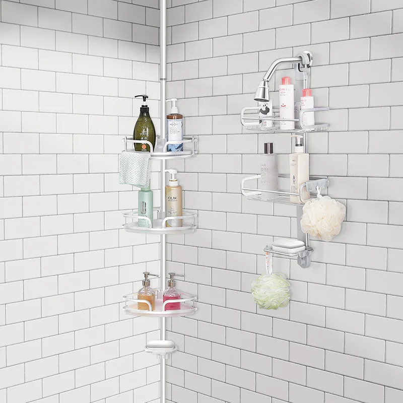 Rustproof white shower caddy with adjustable baskets and soap tray