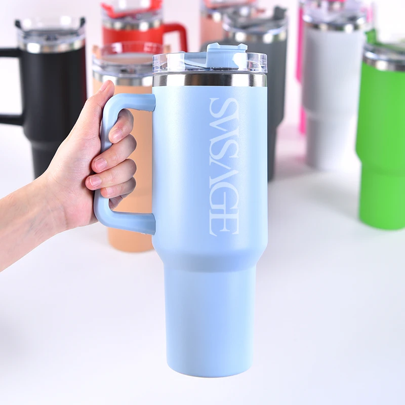 40oz stainless steel tumbler with added handle and vacuum sealed lid - perfect for boba and insulating coffees