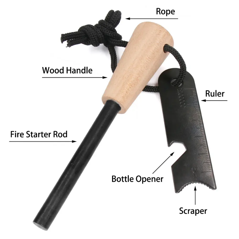 Basic camping survival tool - firestricker, ruler and bottle opener