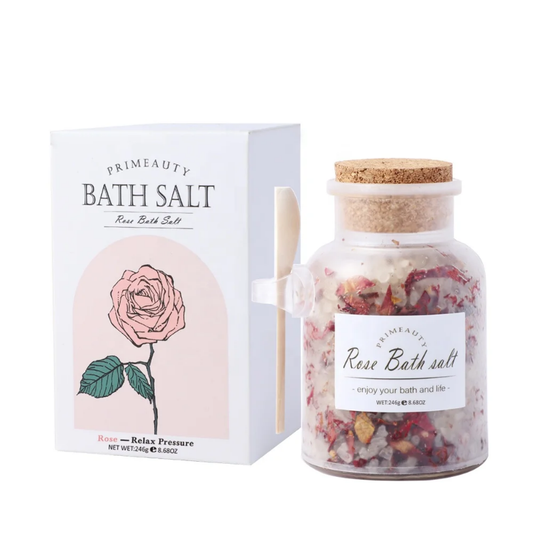 Himalayan pink bath salt with real dried flowers for added scent and relaxation properties