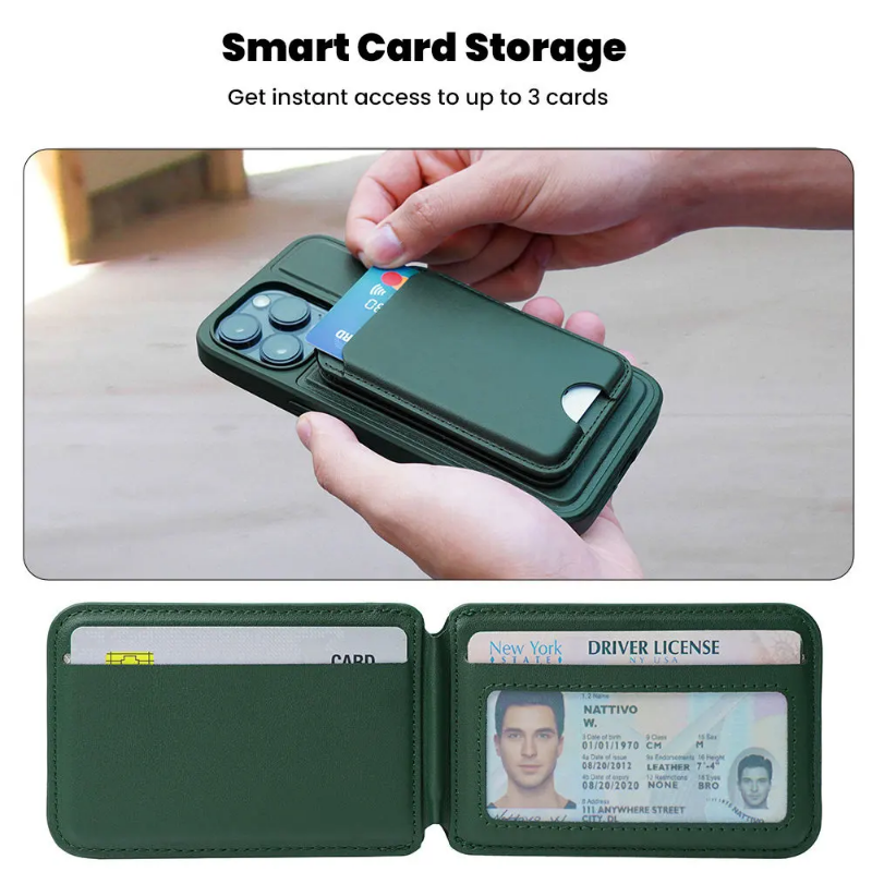 Detachable, magnetic leather card holder and phone stand