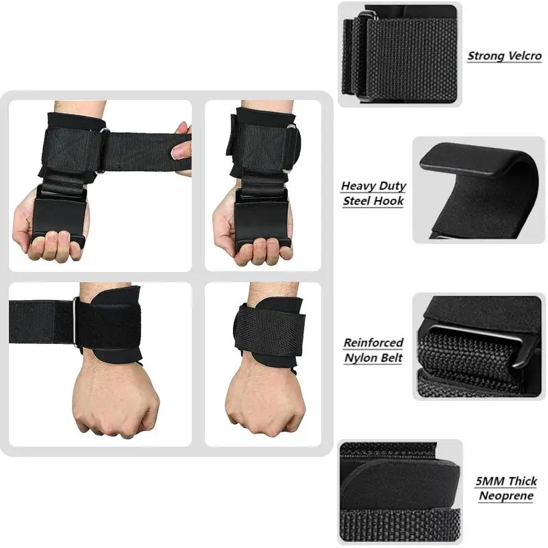 Hand support wrist strap with steel hooks for weight lifting support