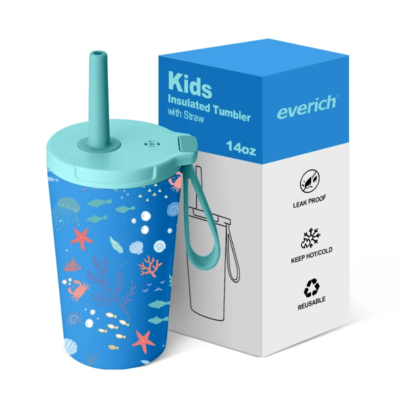 KIDS stainless steel tumbler with silicone straw, leakproof tumbler designed for kids