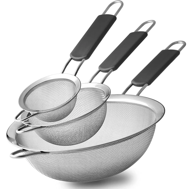 3PCS set stainless steel seives, anti slip handles, burr free fine mesh