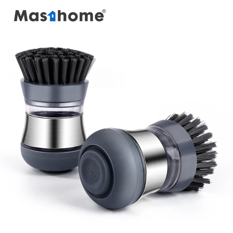 Soap dispensing dish brush with sturdy bristles for effective cleaning