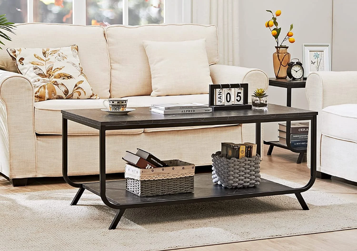 Industrial design, angled legs, marble coffee table/TV stand