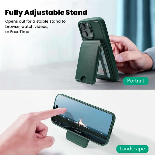 Detachable, magnetic leather card holder and phone stand